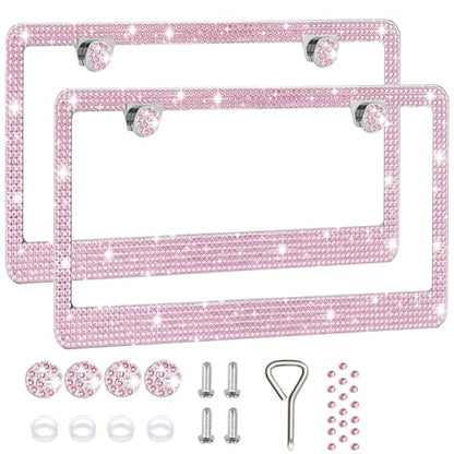 2 Pack License Plate Frames for Women, Sparkly Rhinestone Diamond Car Accessories with Glitter Crystal Caps (Pink (2PCS)) - color: Pink (2PCS)