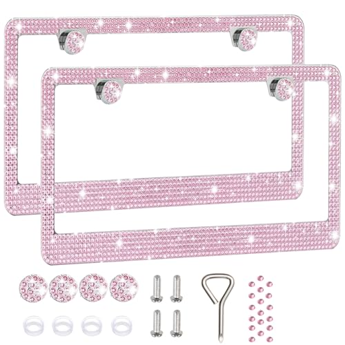 2 Pack License Plate Frames for Women, Sparkly Rhinestone Diamond Car Accessories with Glitter Crystal Caps (Pink (2PCS)) - color: Pink (2PCS)