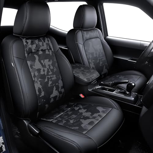 Leather Seat Covers Custom Fit for Tacoma Gen 3rd Double & Crew Cab (2016-2023) - Fully Covered - Fit Like a Glove - Center Console Armrest Covers Included - CamoBlack-Black Stitching - color: ( CamoBlack-Black Stitching ) & Full Set, size: For Tacoma Gen