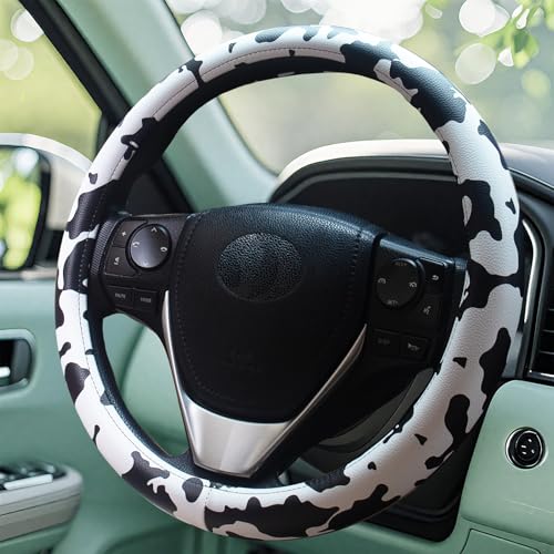 Universal Steering Wheel Cover Women 14.5-15 inch car Accessories Cow Print Western Leather Anime Black and White Cute Wheel Cover Anti-Slip Car Protecter for Men - color: Cow Print
