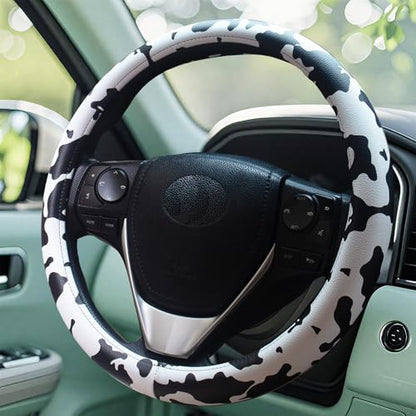 Universal Steering Wheel Cover Women 14.5-15 inch car Accessories Cow Print Western Leather Anime Black and White Cute Wheel Cover Anti-Slip Car Protecter for Men - color: Cow Print