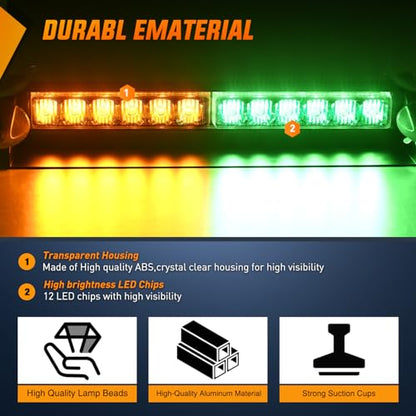 Nilight 12LED Traffic Advisor Strobe Light Bar Amber Green Emergency Warning Hazard Safety Dash Front/Rear Windshield Flashing Lights for Cars Trucks Police Firefighter Plow Construction Vehicles - color: Amber Green