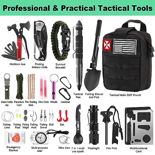 Survival Kit 256 in 1, First Aid Kit Survival Gear Tools Trauma Kit with Molle Pouch for Outdoor, Camping, Hunting, Hiking, Earthquake, Home, Office, Gifts for Men Dad Husband Women - color: Black