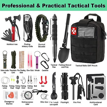 Survival Kit 256 in 1, First Aid Kit Survival Gear Tools Trauma Kit with Molle Pouch for Outdoor, Camping, Hunting, Hiking, Earthquake, Home, Office, Gifts for Men Dad Husband Women - color: Black
