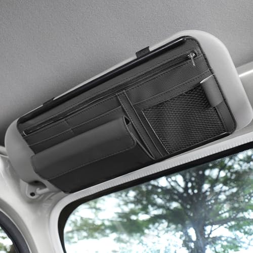 SCUARI Car Visor Organizer,Sunvisor Organizers for Auto,Automotive Interior Accessories,Car Accessories Visor Storage Organizer with Multi-Pocket Net Zippers,Suitable for Cars,Trucks,SUVs,Vans (Black)