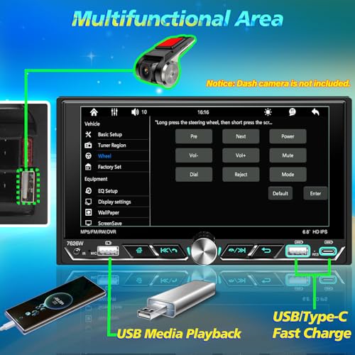 Double Din Car Stereo 6.8" Touch Screen with Apple CarPlay & Android Auto, Physical Knob Control, Bluetooth 5.0, Wireless Apple Car Play Radio, MirrorLink, FM/AM, Backup Camera, USB/Type-C