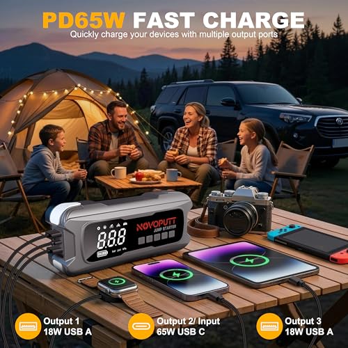 6000A Jump Starter with Air Compressor, 150PSI Dual Cylinder Tire Inflator & PD 65W Fast Charge, 12V Portable Car Battery Booster for All Gas/10L Diesel Trucks, Jumper Cables & Emergency Kit Included