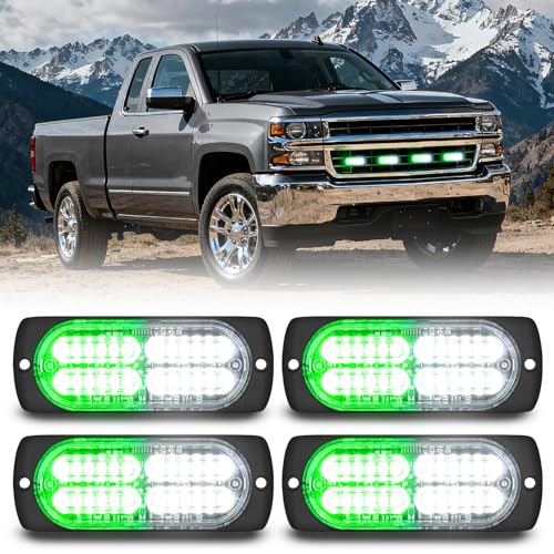 Nilight 4PCS 24LED Emergency Strobe lights 12V 24V Green White Surface Mount Grille Hazard Safety Warning Light Sync Feature Side Flashing Marker Flash for Car Truck Campers - color: Green White