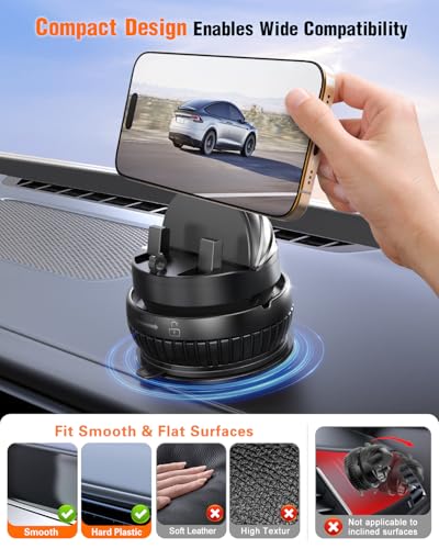 pop-tech Car Suction Dashboard Phone Holder:【360° Rotating & 30° Adjustable】 Vacuum Suction Cup Cell Phone Mount with Anti-Slip Spring Snap, Vehicle Dash Mobile Stand for iPhone Samsung, GPS Device