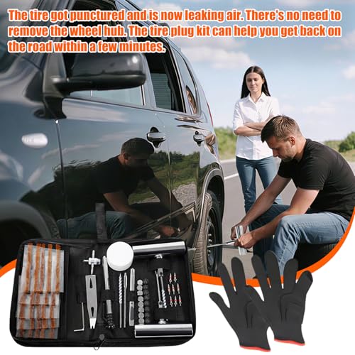 62Pcs Heavy Duty Tire Repair Kit - Universal Tubeless Tire Patch Plug Kit for Cars, Trucks, SUV, Motorcycle, Lawn Mower - Emergency Road Side Tool Set