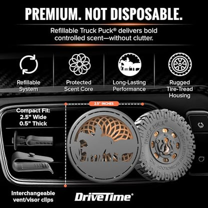 Drive Time Truck Puck Campfire Night Fragrancee Car Air Freshener – Long-Lasting Car Deodorizer, Refillable Vent & Visor Clip Auto Air Freshener for Car, Truck & SUV, Premium Fragrance, Pack of 3