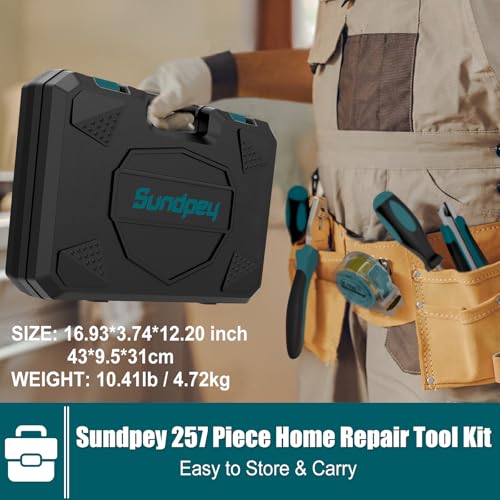 Sundpey Home Tool Kit 257-PCs - Household Basic Repair Tool Set for Men Women - General Hand Mechanic's Tool Set & Screwdriver Set & Wrench Set & Socket & Portable Tool Box Storage Case Blue - style: 257-PCs