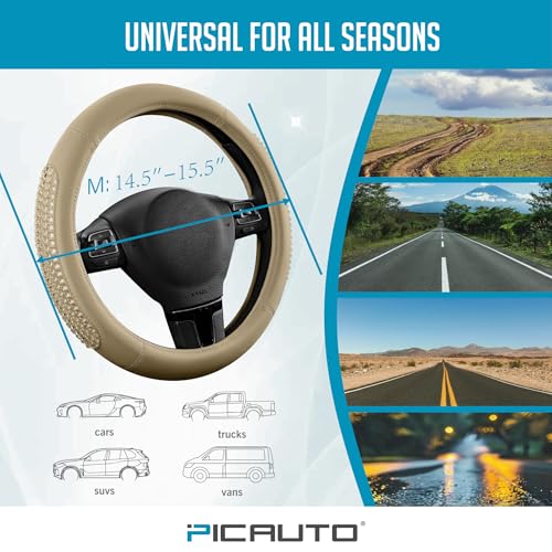 PIC AUTO Steering Wheel Cover, Glitter Gel Particles & Beige Luxury Leather Car Steering Cover, Universal Fit 14.5"-15.5" Anti-Slip Car Wheels Cover for Girls & Women - color: Beige