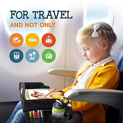 Coolmum Kids Travel Tray, Toddler Car Seat Tray, Double Sided Activity Organizer, Snack Lap Tray, Baby Stroller Table, Airplane Play Table, Waterproof and Foldable (Premium Black) - color: Premium Black