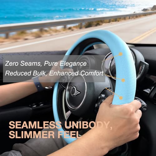 PINCTROT Large Size Nappa Leather Steering Wheel Cover, Slim Fit No Bulk Design, One Piece Leather with Breathable Perforation, Fit Like Gloves, 15.5-15.75 Inch(Nappa Aqua) - color: 10.Aqua, size: Large Size[15 1/2''-15 3/4'']