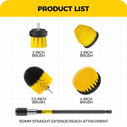 Holikme 5Pack Drill Brush Attachment Set，Power Scrubber Brush Extended Long Attachment for Bathroom Surfaces, Grout, Floors, bathtubs, Showers, Tiles, Kitchens and Cars，Yellow - color: Yellow