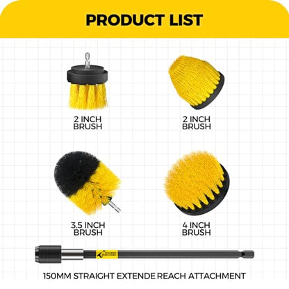 Holikme 5Pack Drill Brush Attachment Set，Power Scrubber Brush Extended Long Attachment for Bathroom Surfaces, Grout, Floors, bathtubs, Showers, Tiles, Kitchens and Cars，Yellow - color: Yellow