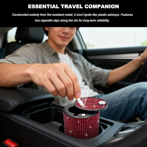 Bling Car Ashtray with Lid, Rhinestones Fireproof Auto Cup Holder Cigarette Ash Tray, Smokeless Crystal Diamond Ashtray Mini Trash Can for Women Girls, Car Accessories (Red) - color: Red