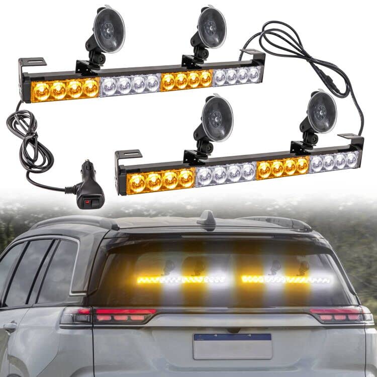 2×16.8 inch Emergency Strobe Light Bar Traffic Advisor Warning Hazard Windshield Safety Lights Bar 21 Flash Patterns with Cigar Lighter for Police Vehicles, Truck (Amber/White, 2 in 1) - color: Amber/White