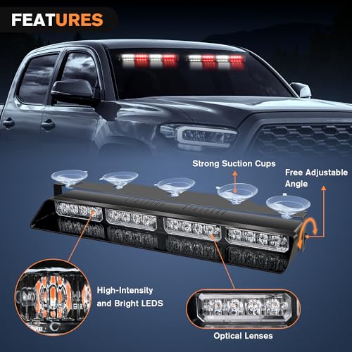 Nilight 32LED Red White Emergency Dash Strobe Lights with Controller Suction Cups Warning Hazard Interior Front/Rear Windshield Deck Split Light Bar for Truck Construction Vehicles - color: Red and White