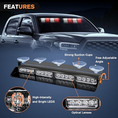 Nilight 32LED Red White Emergency Dash Strobe Lights with Controller Suction Cups Warning Hazard Interior Front/Rear Windshield Deck Split Light Bar for Truck Construction Vehicles - color: Red and White