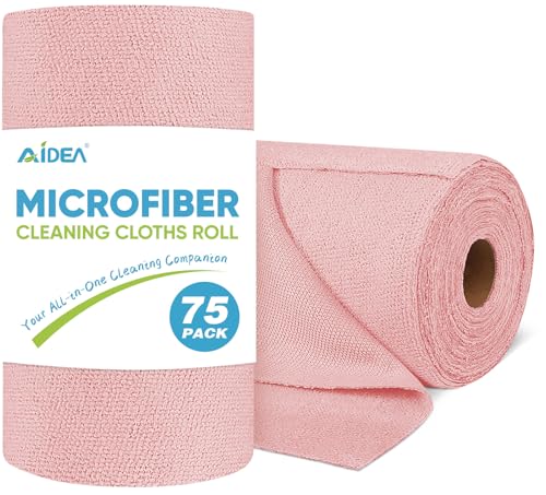 AIDEA Microfiber Cleaning Cloth Roll, 75PK, Tear Away Reusable Paper Towels, Pink Towels Lint Free Rags for House, Kitchen, Car Cleaning Supplies, 11.5"×11.5" - color: Pink