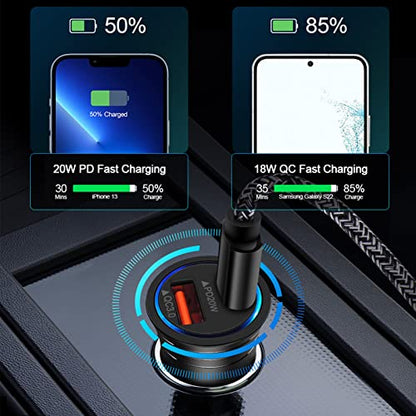 USB C Car Charger, 38W Fast Charge Car Charger Adapter PD&QC 3.0 Dual Port Cigarette Lighter USB Plug for iPhone 17e 17 Pro Max Air 16e 16 15 14 13 12 11 SE XR XS X 8, Samsung Galaxy S26 S25 S24 S23
