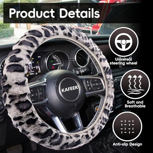 KAFEEK Elastic Long Microfiber Plush Steering Wheel Cover for Winter Warm, Universal 15 inch, Anti-Slip, Odorless, Leopard Gray - color: Leopard