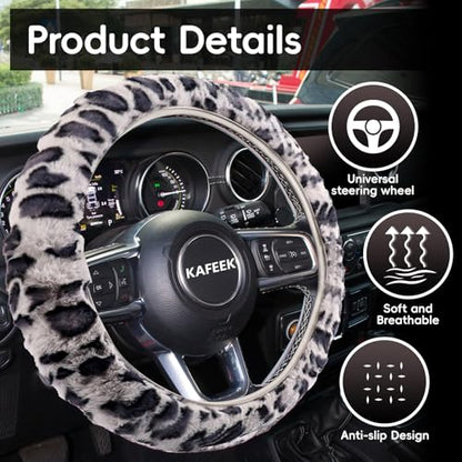 KAFEEK Elastic Long Microfiber Plush Steering Wheel Cover for Winter Warm, Universal 15 inch, Anti-Slip, Odorless, Leopard Gray - color: Leopard