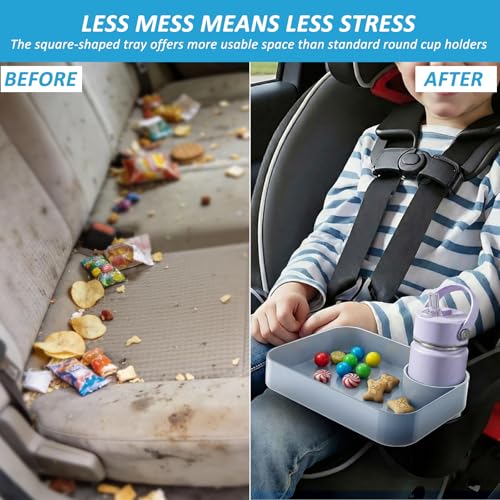 Car Seat Snack Tray for Toddlers, Reduces Mess Square Travel Tray Cup Holder Snack Tray, Durable Car Food Tray for Kids, Universal Fit Kids Travel Road Trip Essentials(Gray) - color: Gray