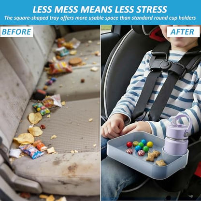 Car Seat Snack Tray for Toddlers, Reduces Mess Square Travel Tray Cup Holder Snack Tray, Durable Car Food Tray for Kids, Universal Fit Kids Travel Road Trip Essentials(Gray) - color: Gray