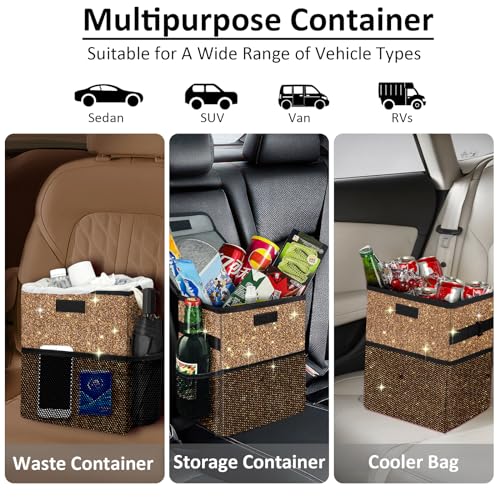 Cute Mini Car Trash Bag with Lid, Glitter Garbage Can Bin Hanging for Back/Front Seat/Console, Waterproof, Leakproof, 2.5 Gallon, Brown Bling Sparkly - color: Brown Bling Sparkly
