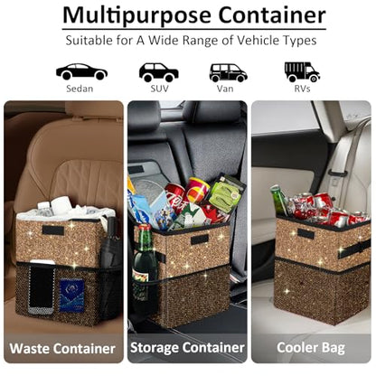 Cute Mini Car Trash Bag with Lid, Glitter Garbage Can Bin Hanging for Back/Front Seat/Console, Waterproof, Leakproof, 2.5 Gallon, Brown Bling Sparkly - color: Brown Bling Sparkly
