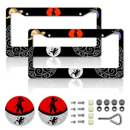 Anime one License Plate Frames，Anime Piece Car Accessories for Women & Men，Cute License Plate Holder，Aluminum License Plate Frame Fits Standard US Vehicles Size 12.2 x 6 Inch (Black-2pcs)