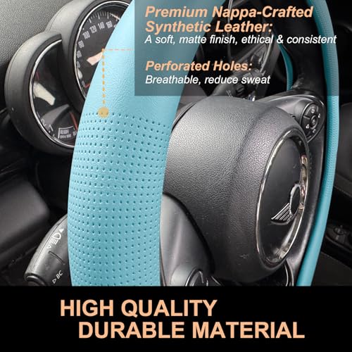PINCTROT Nappa Leather Steering Wheel Cover, Slim Fit No Bulk Design, One Piece Leather with Breathable Perforation, Fit Like Gloves, Universal 14.5-15 Inch(Nappa Aqua) - color: 10.Aqua, size: Medium(Standard) Size[14 1/2''-15'']
