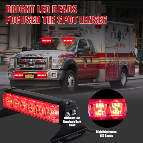 2X 6.1 inch Emergency Strobe Lights Red 12 LED Hazard Warning Flashing Safety Front/Rear Windshield Deck Split Grill Lights for Volunteer Firefighter Police Vehicles POV Trucks - color: Red