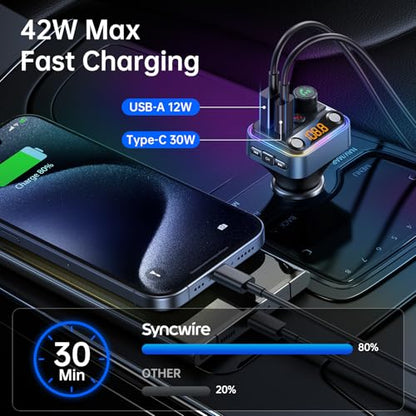 Syncwire Bluetooth 5.4 FM Transmitter Car Adapter 42W [Light Switch] [Stronger Dual Mics] [HiFi Bass Sound] [Fast Charging] Wireless FM Radio Music Adapter Hands-Free Calling Support USB Drive, Blue - color: Blue