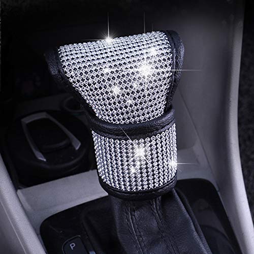 Plush Auto Gear Shift Knob Cover with Crystal Glitter Bling Rhinestones for Girls,Lady Universal Fit (Bling) (White) - color: White