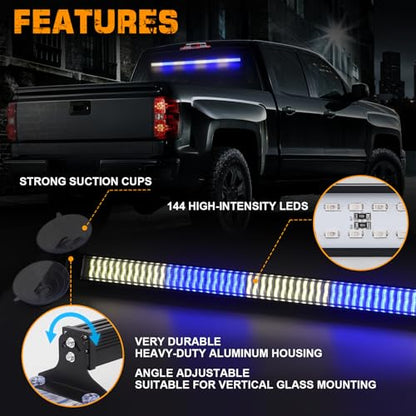 XRIDONSEN 35 inch Traffic Advisor Light Bar 144 LED Blue White Emergency Lights Warning Flashing Safety Windshield strobe Firefighter Police Lights w/Controller for Law Enforcement Vehicles Trucks - color: Blue/White