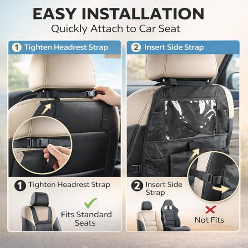 Car Backseat Organizer with 12 Storage Pockets, 12" Touch Screen Tablet Holder, Waterproof Kick Mats Seat Protector, Car Organizers and Storage for Kids, Road Trip Essentials（2 Pack，Black）