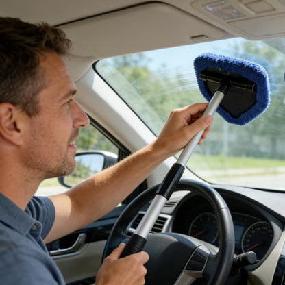 Microfiber Car Windshield Cleaning Tool with Extendable Handle,Car Defogging Glass Cleaning Brush with 4 Reusable Microfiber Pads 1 Spray Bottle and 1 Car Dust Removal Brush. (Blue) - color: blue