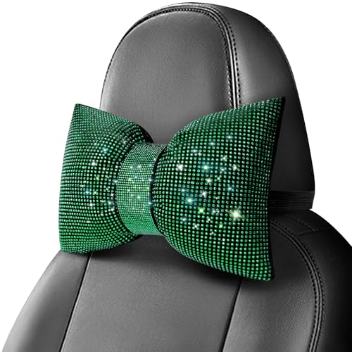 surpassme 2PCS Rhinestone Car Headrest Neck Pillow for Driving with Bling Bling Crystal Bow Pillow Car Accessories for Women (Green) - color: 2 Green Pillows