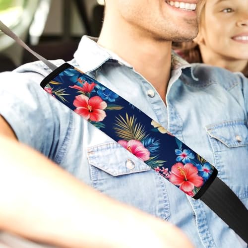 Fashion Car Seat Belt Covers Soft Cushion Pad Car Shoulder Strap Harness Pad Tropical Hawaiian Colorful Hibiscus Flowers - color: Color853