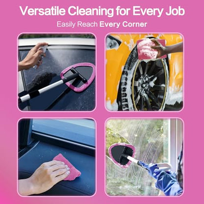 Windshield Cleaner Tool 22.5" L - Car Interior&Exterior Window Cleaning Kit with Extendable Handle&4 Microfiber Pads and Thick Large Wash Sponge, Auto Glass Wiper Brush Kit for Cars Home (7pcs Pink) - color: Pink