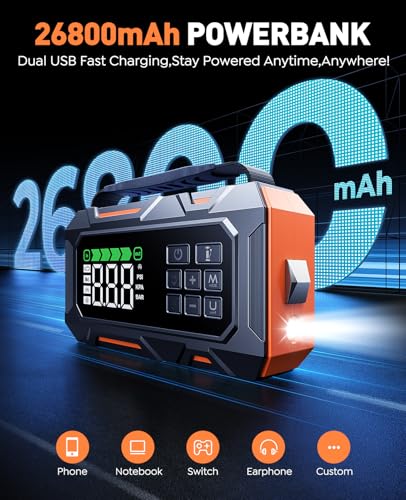 TREKURE 16-in-1 8000A Car Battery Jump Starter with Air Compressor 160PSI, Jump Starter Jump Box (All Gas 12L Diesel) with Portable Jumper Cables, Auto-Shutoff Tire Inflator, Gloves, Tow Rope
