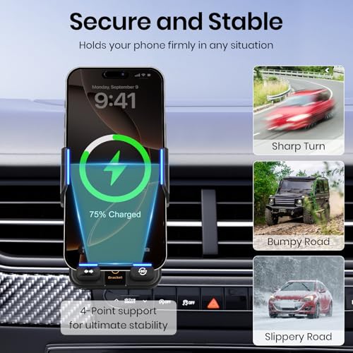 Car Phone Holder with 15W Wireless Car Charger, Car Vent Mount with Induction Opening and Closing, Air Vent Phone Stand with Horizontal and Vertical Screen Rotation Adjustment for iPhone -Sliver - color: Sliver