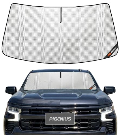 Pigenius Windshield Sun Shade for Chevrolet Silverado/GMC Sierra 2019-2026. Full Coverage Rearview Mirror Shade for Ultimate Protection - size: 2019-2026 without lane departure warning
