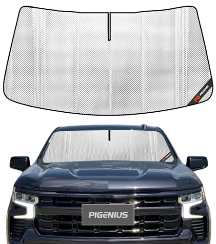 Pigenius Windshield Sun Shade for Chevrolet Silverado/GMC Sierra 2019-2026. Full Coverage Rearview Mirror Shade for Ultimate Protection - size: 2019-2026 without lane departure warning