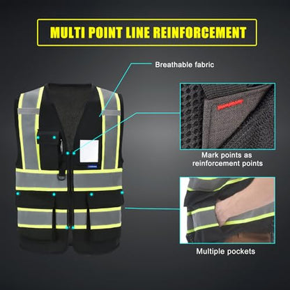 AYKRM Custom Logo Personalised Printed High Visibility Reflective 2 two tone work construction Safety Vest - color: Black, size: 5X-Large