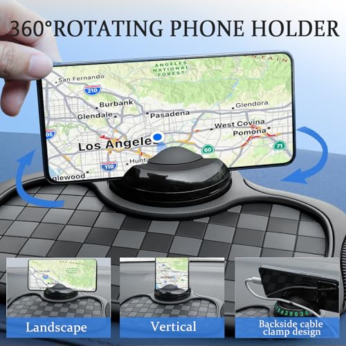 Multifunction Car Anti-Slip Mat Car Dashboard Mat 360° Rotating Adjustable Phone Holder with Hidden Parking Number Plate PVC Grid Style Mat